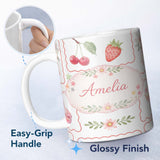 Personalized Custom Name Strawberry Cherry Bow Seamless Pattern Coral Frame Cute Coquette 11oz Ceramic Coffee Tea Mug White Large Handle