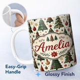 Personalized Custom Name Classic Christmas Trees Ornaments Snowflakes Festive Holiday Lovely 11oz Ceramic Coffee Tea Mug White Large Handle