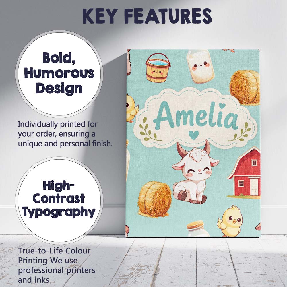 Personalised Name Cute Farm Goat Barn Hay Custom  Unique Gift Idea Elegant Feature Canvas Wall Art Print Decor Picture Ready to Hang