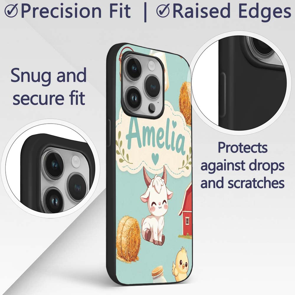 Cute Farm Goat Barn Hay Bale Chick Milk Bucket Custom Name Protective Phone Case Mobile Cover Durable Everyday Smartphone Shock Resistant