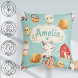 Custom Name Cute Farm Goat Barn Hay Bale Chick Milk Bucket Teal Square Filled Cushion Throw Pillow Sofa Bed Home Decor Zip Washable UK Made