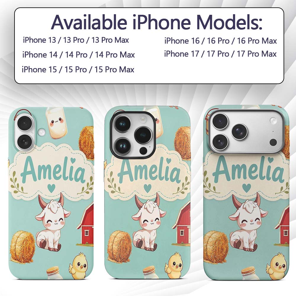 Cute Farm Goat Barn Hay Bale Chick Milk Bucket Custom Name Protective Phone Case Mobile Cover Durable Everyday Smartphone Shock Resistant