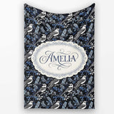 Monochrome Bird Branch Leaf Seamless Pattern Black Blue Elegant  Personalised Custom Name Super Soft Fleece Blanket Bed Sofa Throw