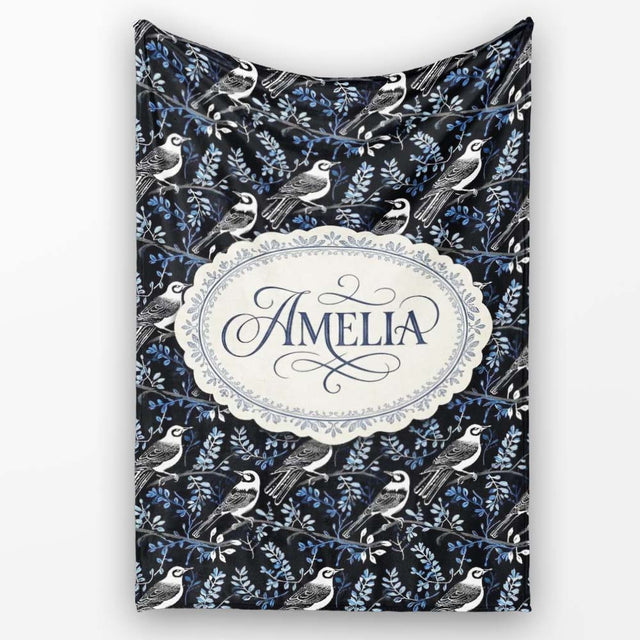 Monochrome Bird Branch Leaf Seamless Pattern Black Blue Elegant  Personalised Custom Name Super Soft Fleece Blanket Bed Sofa Throw
