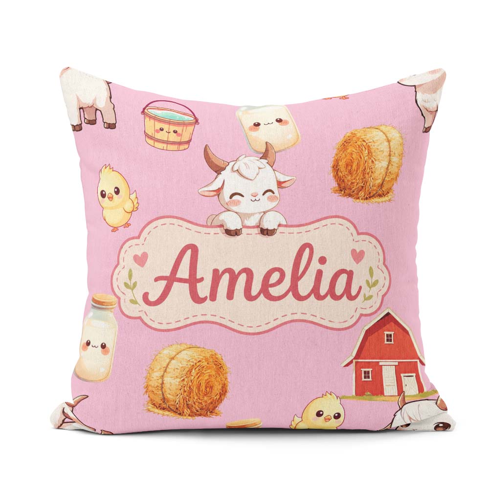 Custom Name Cute Farm Goat Barn Hay Bale Chick Milk Bucket Pink Square Filled Cushion Throw Pillow Sofa Bed Home Decor Zip Washable UK Made