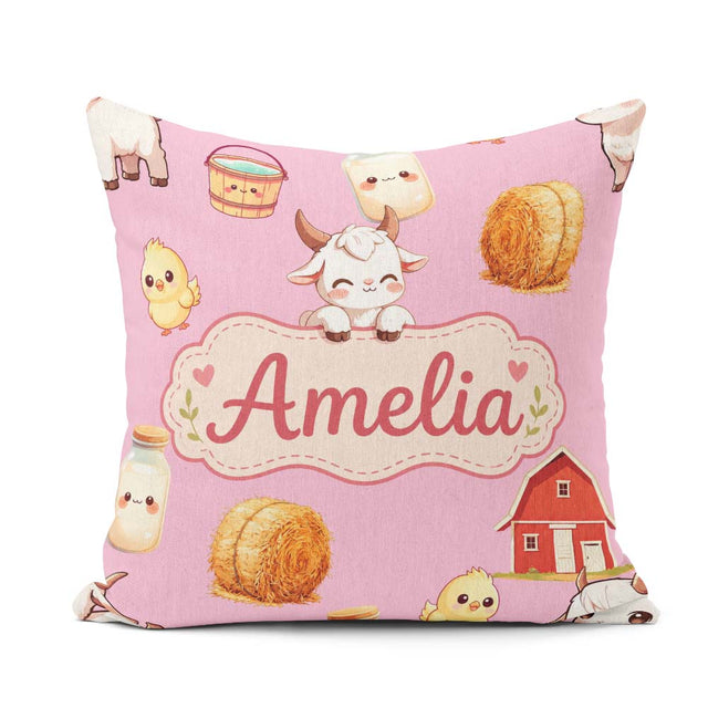 Custom Name Cute Farm Goat Barn Hay Bale Chick Milk Bucket Pink Square Filled Cushion Throw Pillow Sofa Bed Home Decor Zip Washable UK Made