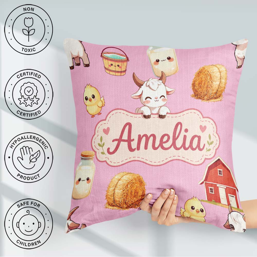 Custom Name Cute Farm Goat Barn Hay Bale Chick Milk Bucket Pink Square Filled Cushion Throw Pillow Sofa Bed Home Decor Zip Washable UK Made