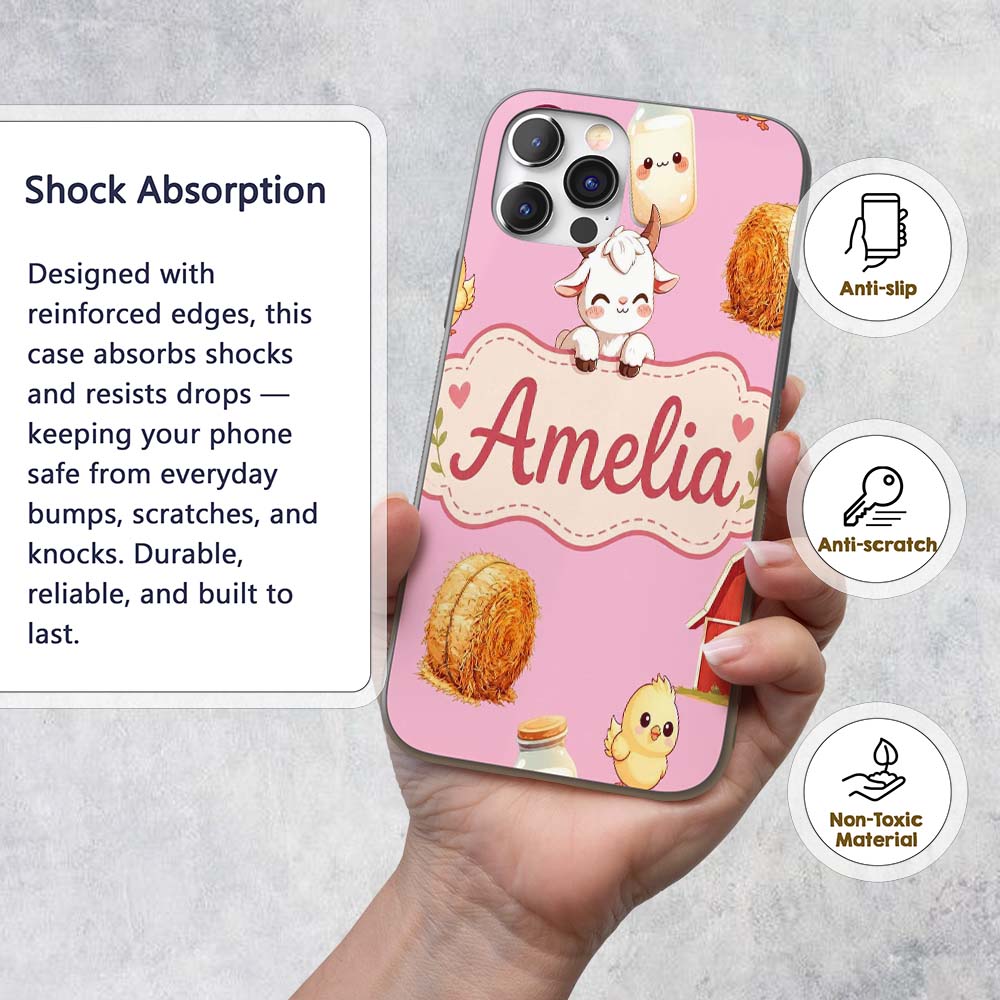 Cute Farm Goat Barn Hay Bale Chick Milk Bucket Custom Name Protective Phone Case Mobile Cover Durable Everyday Smartphone Shock Resistant