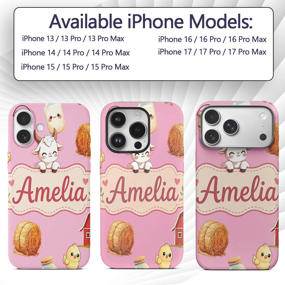 Cute Farm Goat Barn Hay Bale Chick Milk Bucket Custom Name Protective Phone Case Mobile Cover Durable Everyday Smartphone Shock Resistant