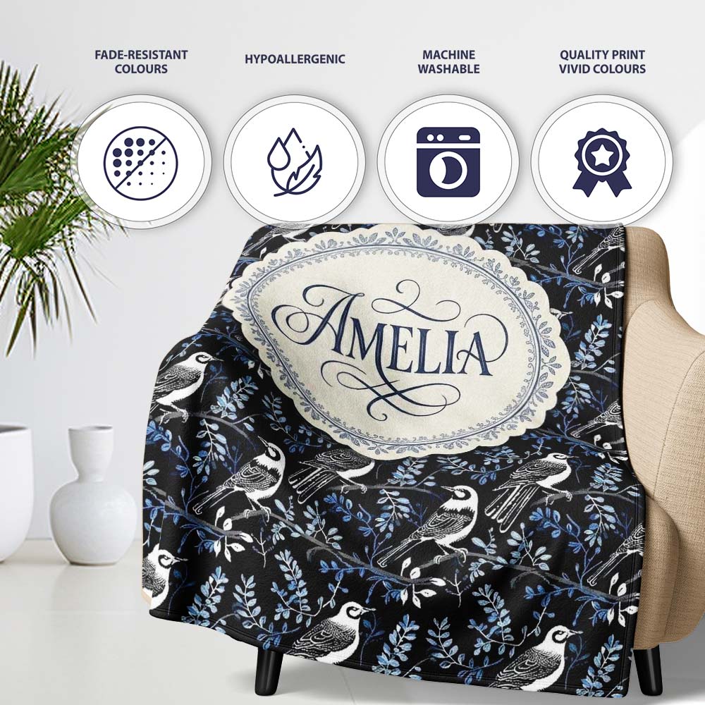 Monochrome Bird Branch Leaf Seamless Pattern Black Blue Elegant  Personalised Custom Name Super Soft Fleece Blanket Bed Sofa Throw