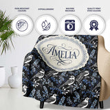 Monochrome Bird Branch Leaf Seamless Pattern Black Blue Elegant  Personalised Custom Name Super Soft Fleece Blanket Bed Sofa Throw