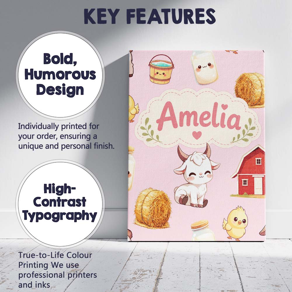 Personalised Name Cute Farm Goat Barn Hay Custom  Unique Gift Idea Elegant Feature Canvas Wall Art Print Decor Picture Ready to Hang