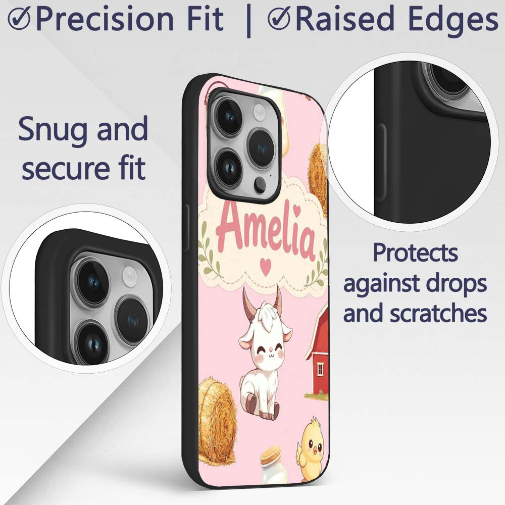 Cute Farm Goat Barn Hay Bale Chick Milk Bucket Custom Name Protective Phone Case Mobile Cover Durable Everyday Smartphone Shock Resistant