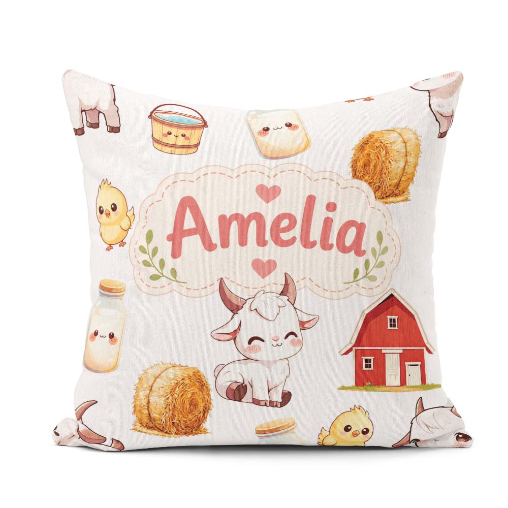 Custom Name Cute Farm Goat Barn Hay Bale Chick Milk Bucket Grey Square Filled Cushion Throw Pillow Sofa Bed Home Decor Zip Washable UK Made