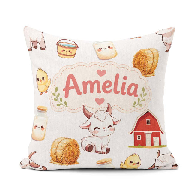 Custom Name Cute Farm Goat Barn Hay Bale Chick Milk Bucket Grey Square Filled Cushion Throw Pillow Sofa Bed Home Decor Zip Washable UK Made