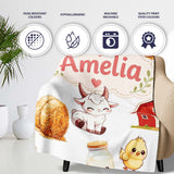 Cute Farm Goat Barn Hay Bale Chick Milk Bucket Grey Background  Personalised Custom Name Super Soft Fleece Blanket Bed Sofa Throw