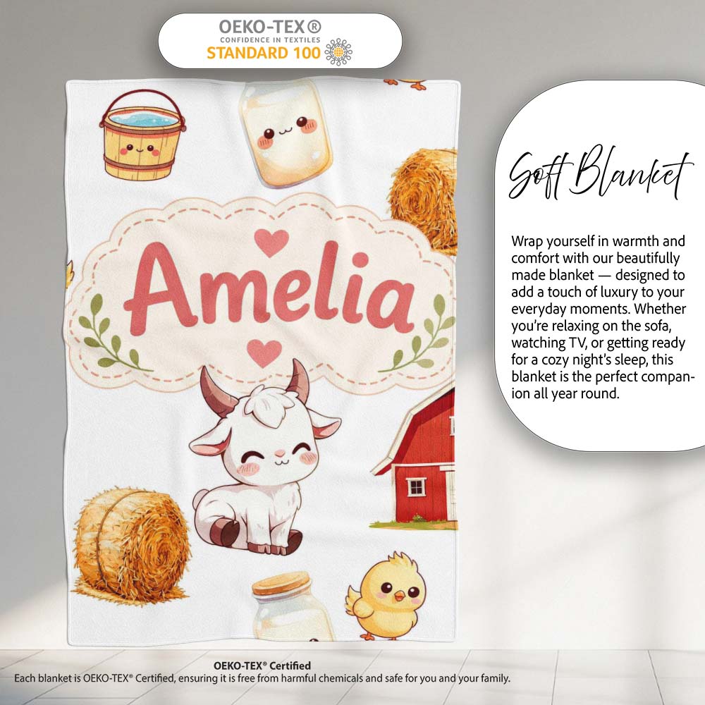 Cute Farm Goat Barn Hay Bale Chick Milk Bucket Grey Background  Personalised Custom Name Super Soft Fleece Blanket Bed Sofa Throw