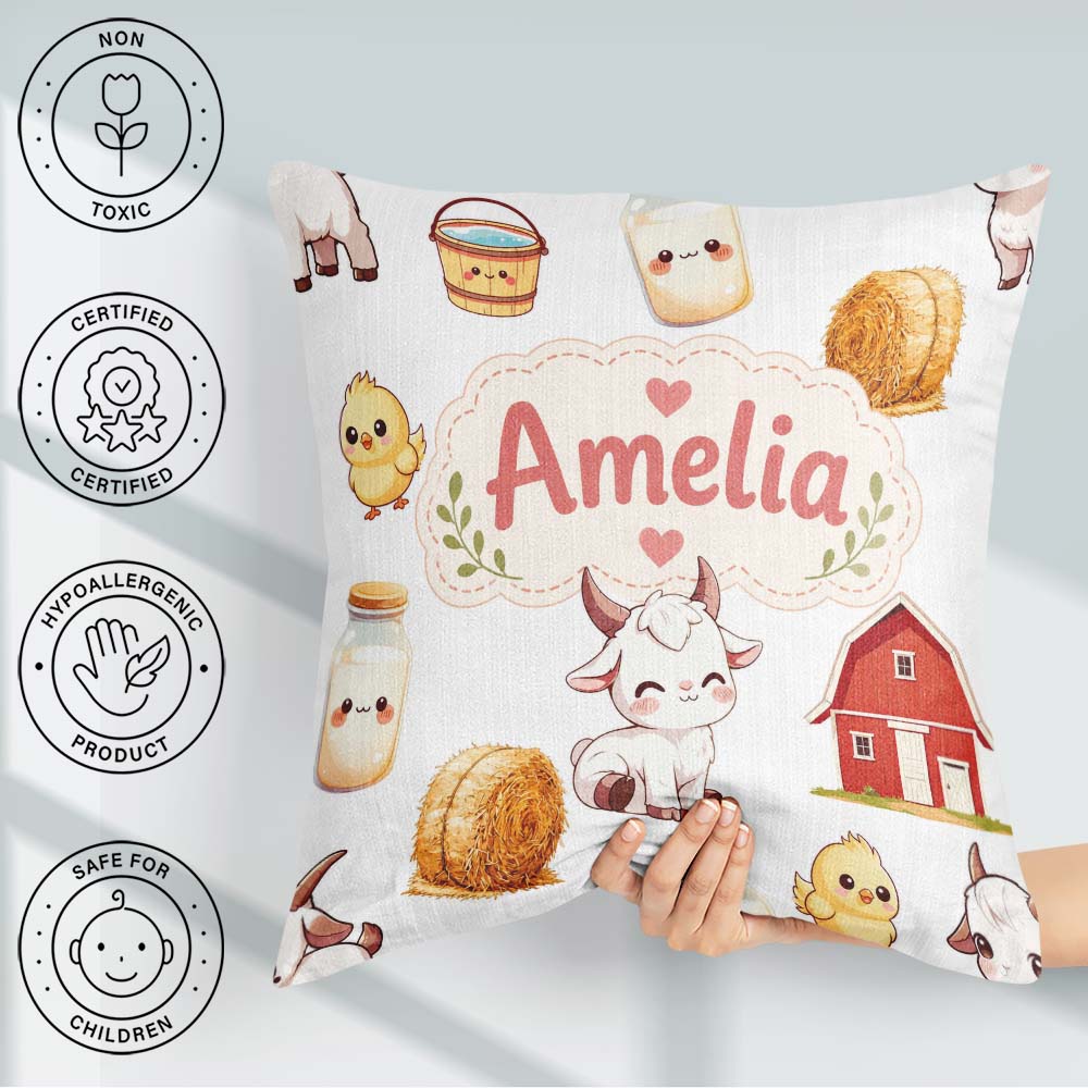 Custom Name Cute Farm Goat Barn Hay Bale Chick Milk Bucket Grey Square Filled Cushion Throw Pillow Sofa Bed Home Decor Zip Washable UK Made