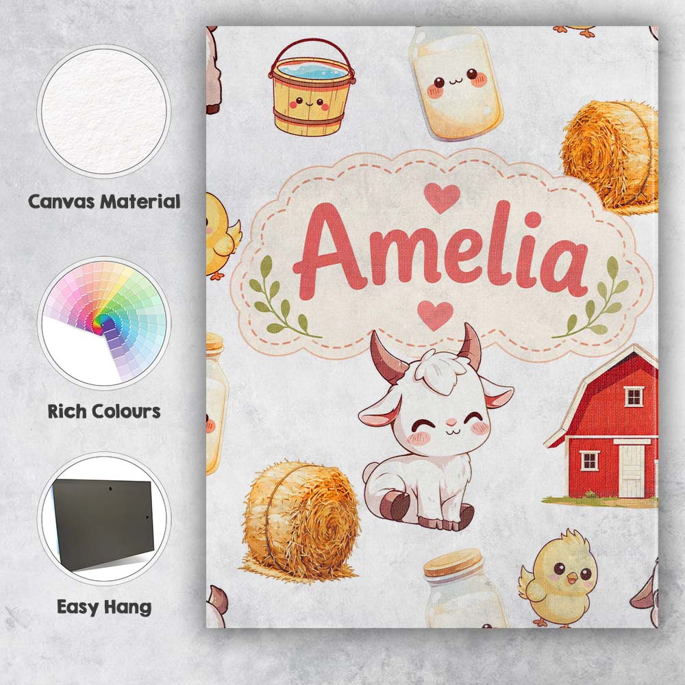 Personalised Name Cute Farm Goat Barn Hay Custom  Unique Gift Idea Elegant Feature Canvas Wall Art Print Decor Picture Ready to Hang
