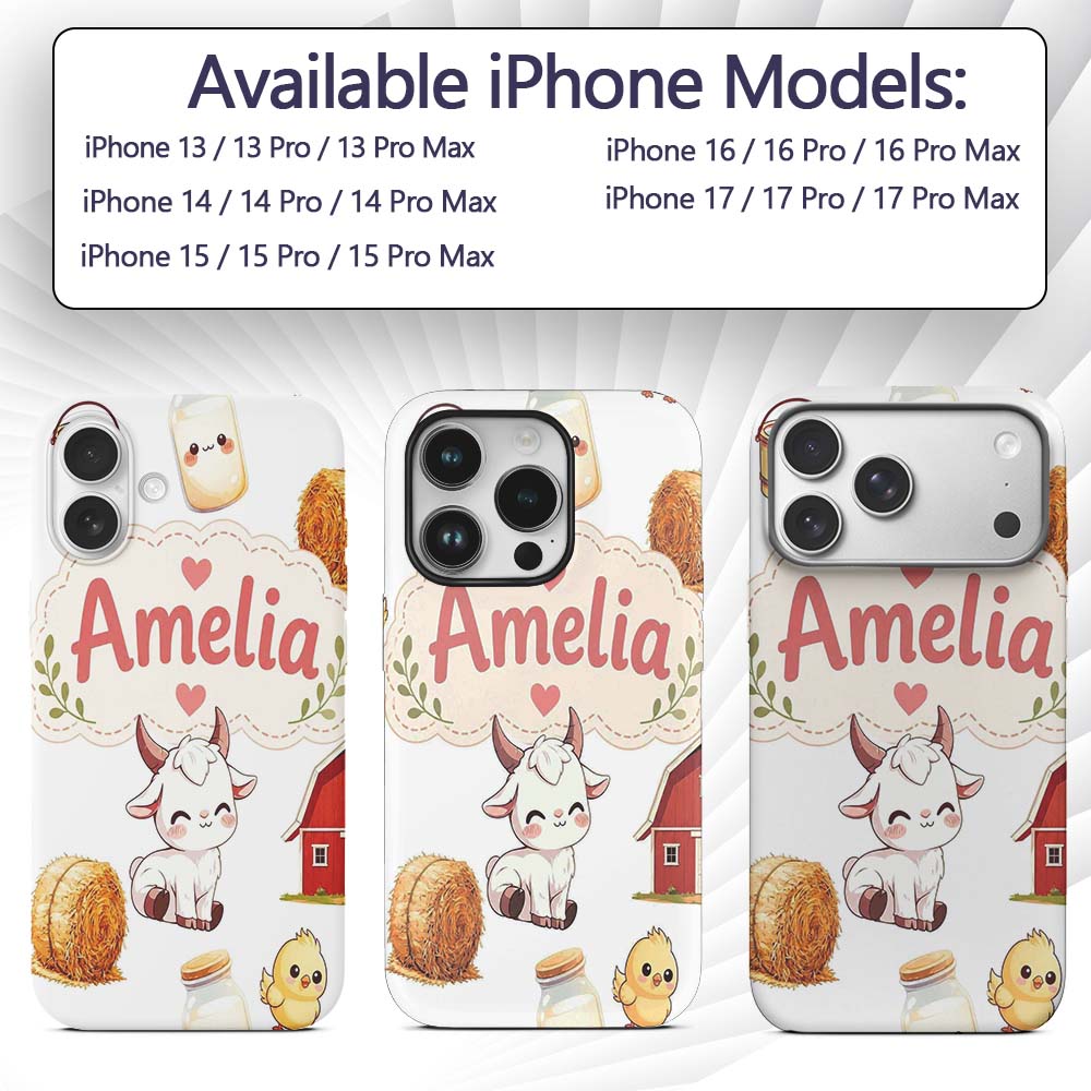 Cute Farm Goat Barn Hay Bale Chick Milk Bucket Custom Name Protective Phone Case Mobile Cover Durable Everyday Smartphone Shock Resistant
