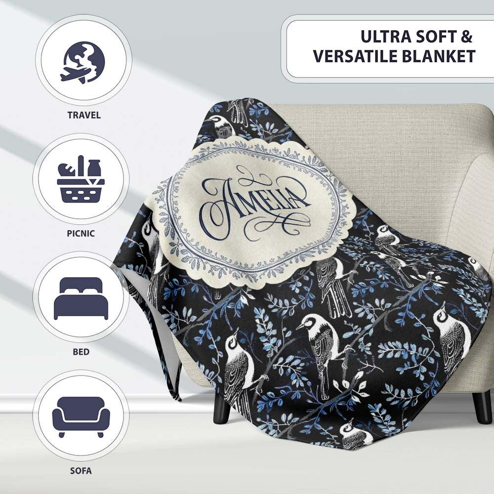 Monochrome Bird Branch Leaf Seamless Pattern Black Blue Elegant  Personalised Custom Name Super Soft Fleece Blanket Bed Sofa Throw
