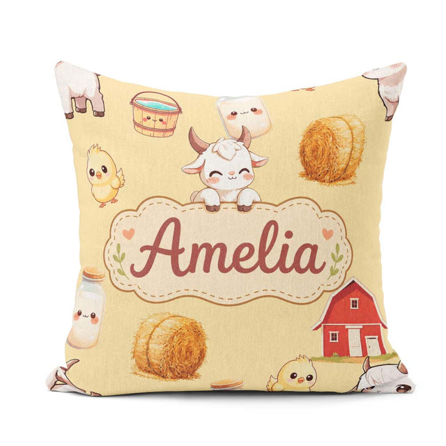 Custom Name Farm Goat Barn Hay Bale Chick Milk Bucket Background Square Filled Cushion Throw Pillow Sofa Bed Home Decor Zip Washable UK Made
