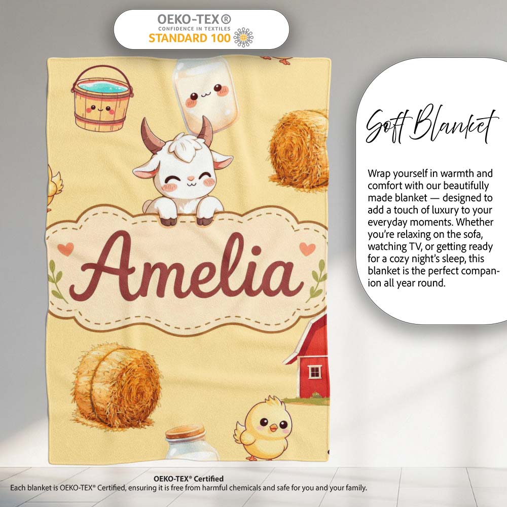 Cute Farm Goat Barn Hay Bale Chick Milk Bucket Yellow Background  Personalised Custom Name Super Soft Fleece Blanket Bed Sofa Throw
