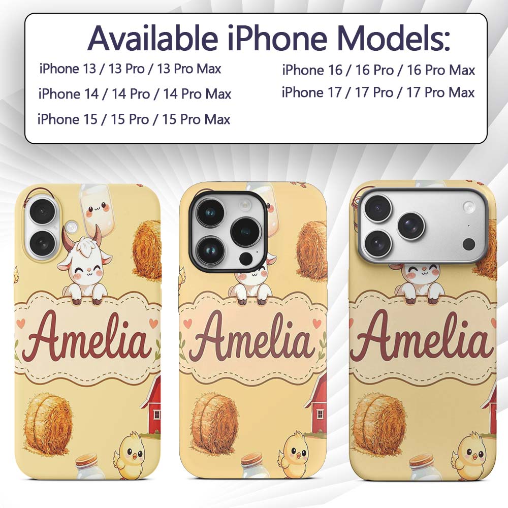 Cute Farm Goat Barn Hay Bale Chick Milk Bucket Custom Name Protective Phone Case Mobile Cover Durable Everyday Smartphone Shock Resistant