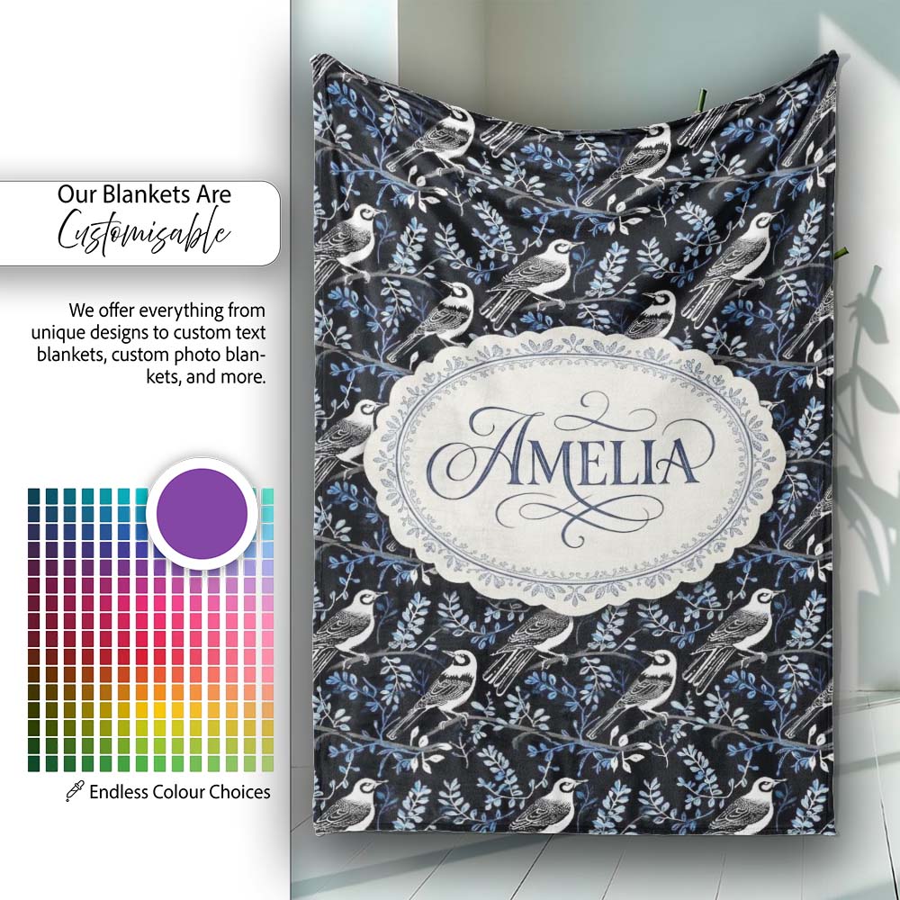 Monochrome Bird Branch Leaf Seamless Pattern Black Blue Elegant  Personalised Custom Name Super Soft Fleece Blanket Bed Sofa Throw