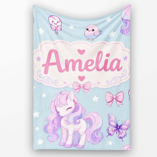 Cute Pastel Unicorn Butterfly Candy Stars Blue Background Seamless  Personalised Custom Name Super Soft Fleece Blanket Bed Sofa Throw