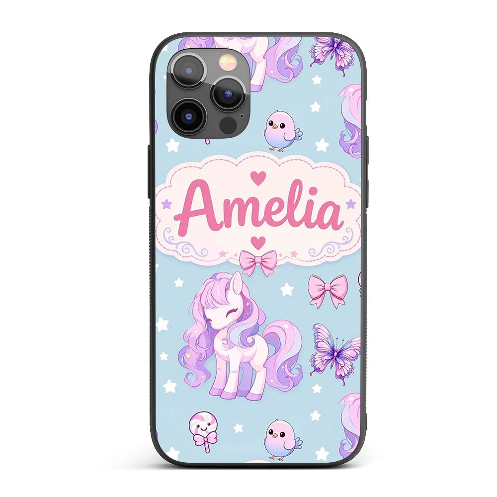 Cute Pastel Unicorn Butterfly Candy Stars Blue Custom Name Protective Phone Case Mobile Cover Durable Everyday Smartphone Shock Resistant