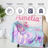 Cute Pastel Unicorn Butterfly Candy Stars Blue Background Seamless  Personalised Custom Name Super Soft Fleece Blanket Bed Sofa Throw
