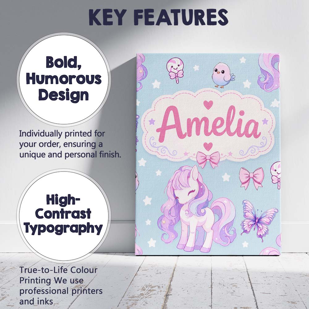 Personalised Name Cute Pastel Unicorn Custom Modern Room Accent Creative Decorator Style Canvas Wall Art Print Decor Picture Ready to Hang