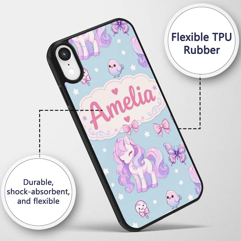 Cute Pastel Unicorn Butterfly Candy Stars Blue Custom Name Protective Phone Case Mobile Cover Durable Everyday Smartphone Shock Resistant