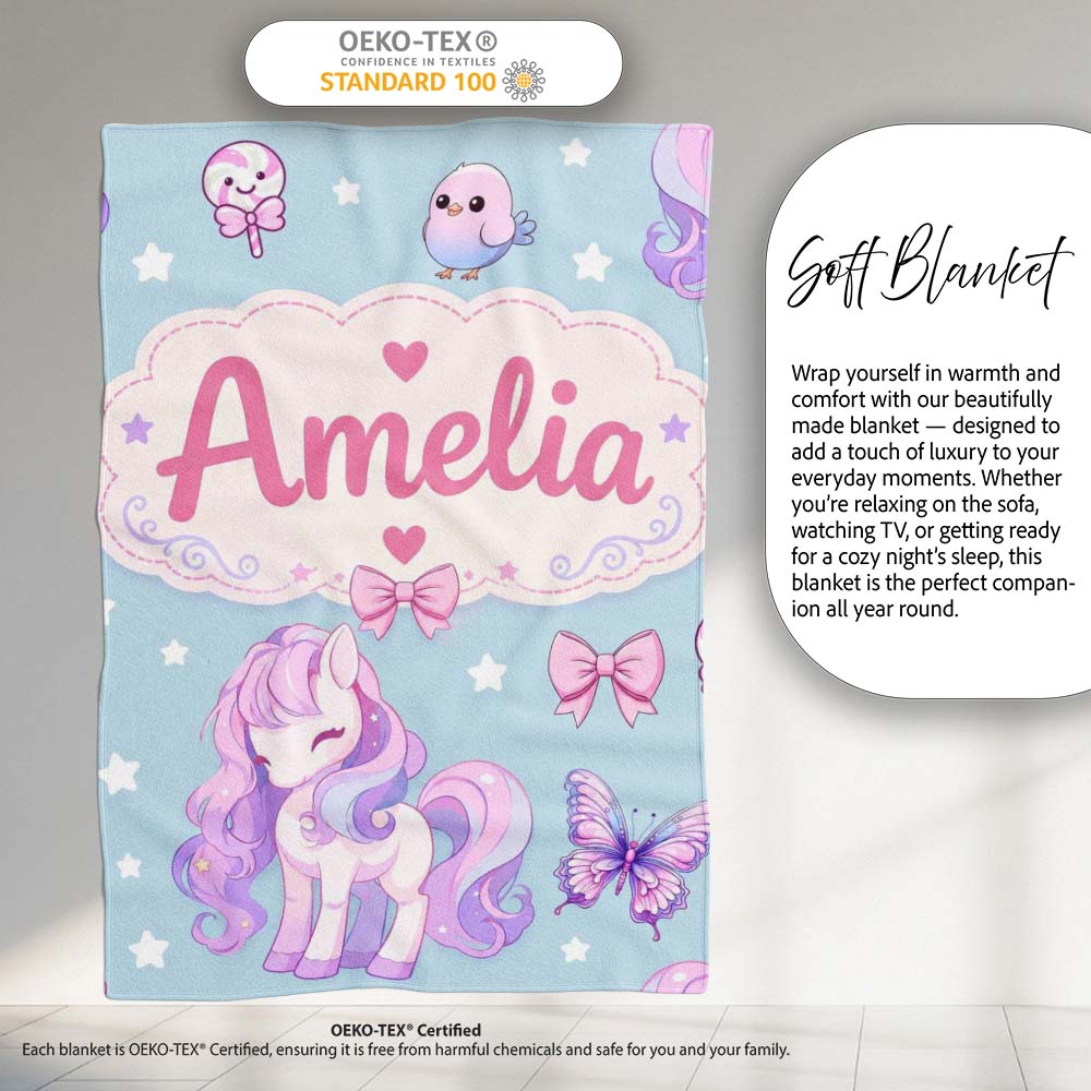 Cute Pastel Unicorn Butterfly Candy Stars Blue Background Seamless  Personalised Custom Name Super Soft Fleece Blanket Bed Sofa Throw