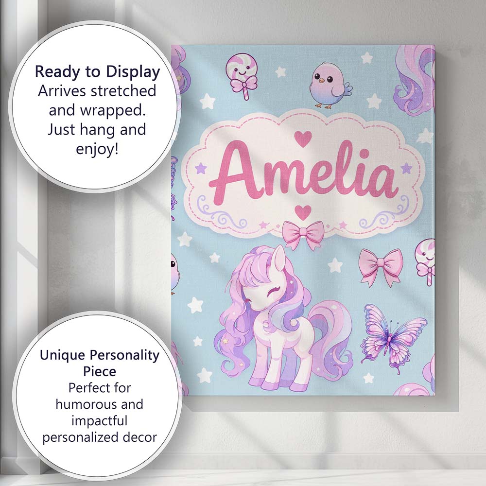 Personalised Name Cute Pastel Unicorn Custom Modern Room Accent Creative Decorator Style Canvas Wall Art Print Decor Picture Ready to Hang