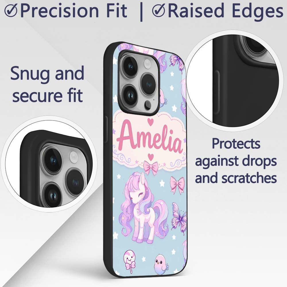 Cute Pastel Unicorn Butterfly Candy Stars Blue Custom Name Protective Phone Case Mobile Cover Durable Everyday Smartphone Shock Resistant