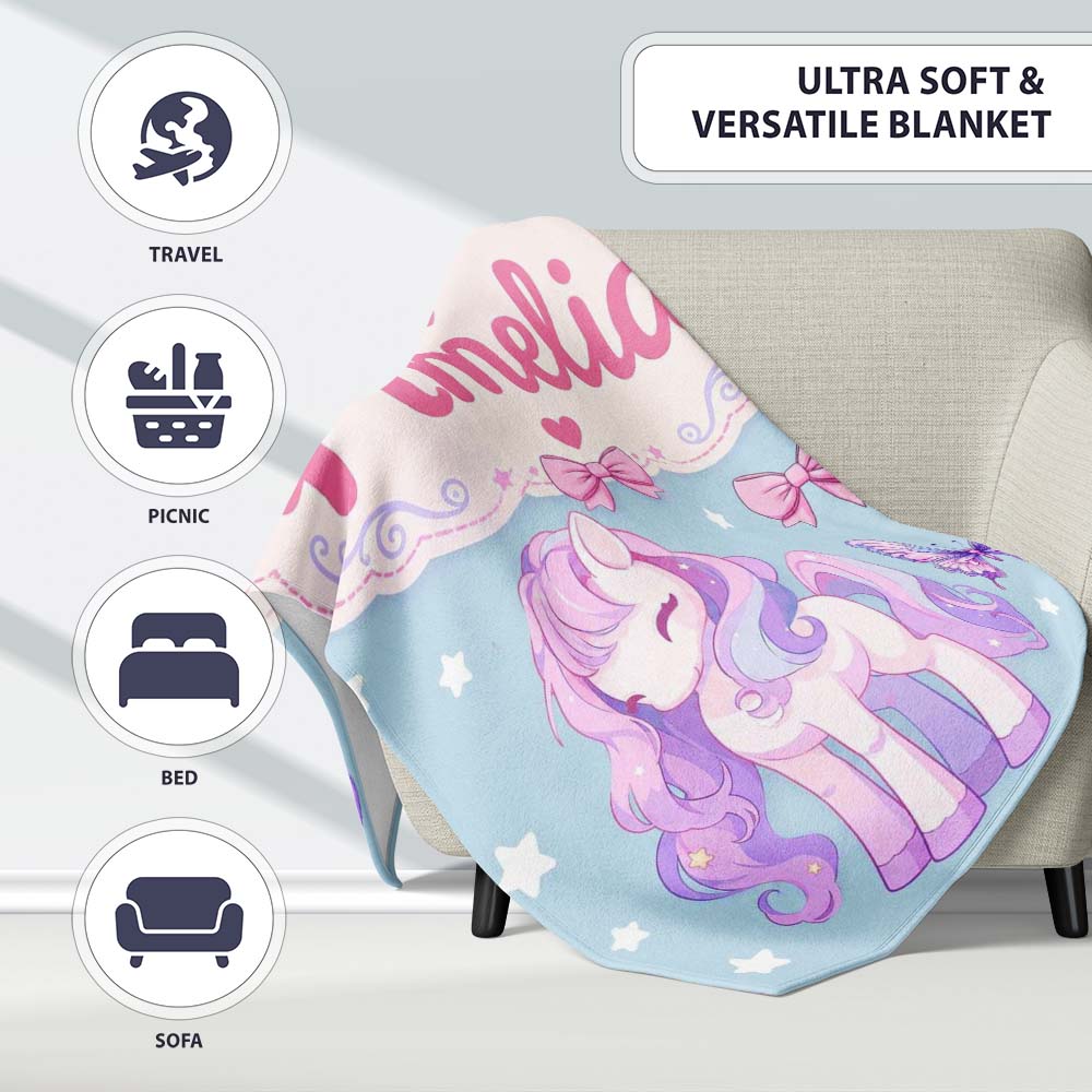 Cute Pastel Unicorn Butterfly Candy Stars Blue Background Seamless  Personalised Custom Name Super Soft Fleece Blanket Bed Sofa Throw