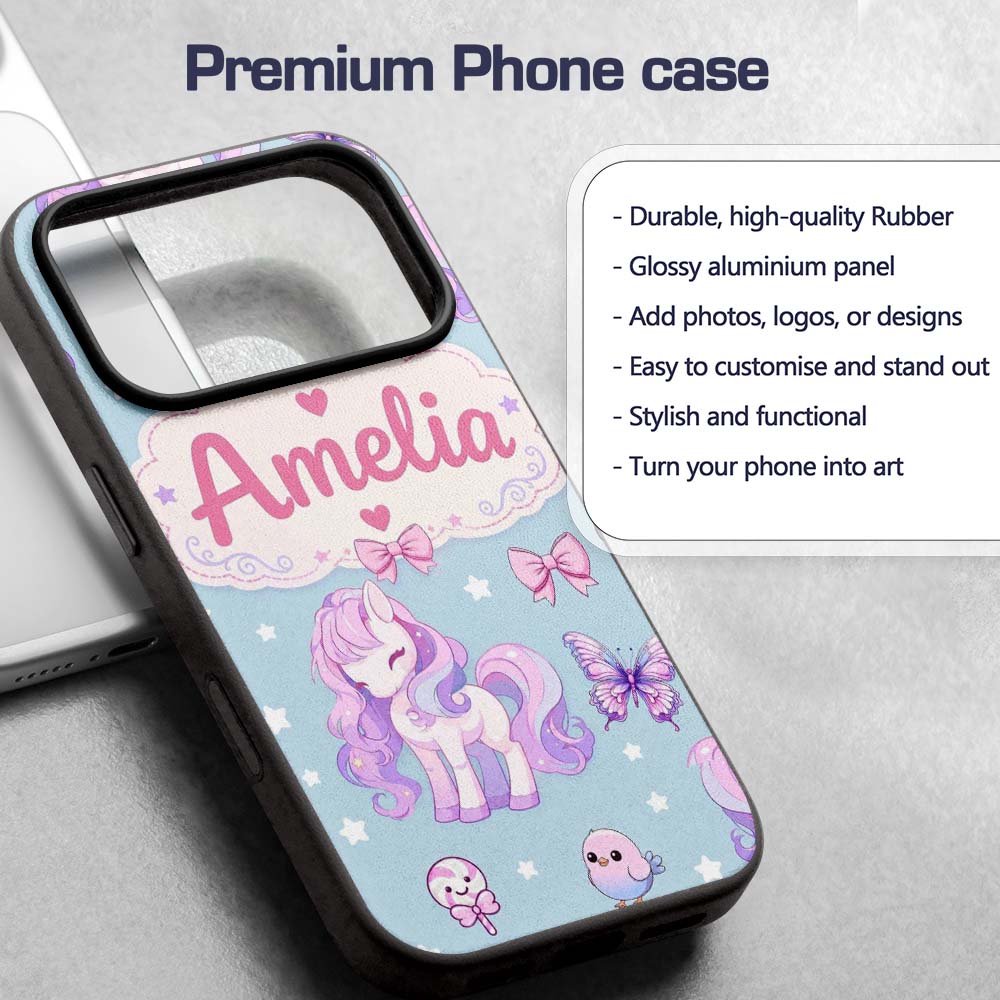 Cute Pastel Unicorn Butterfly Candy Stars Blue Custom Name Protective Phone Case Mobile Cover Durable Everyday Smartphone Shock Resistant