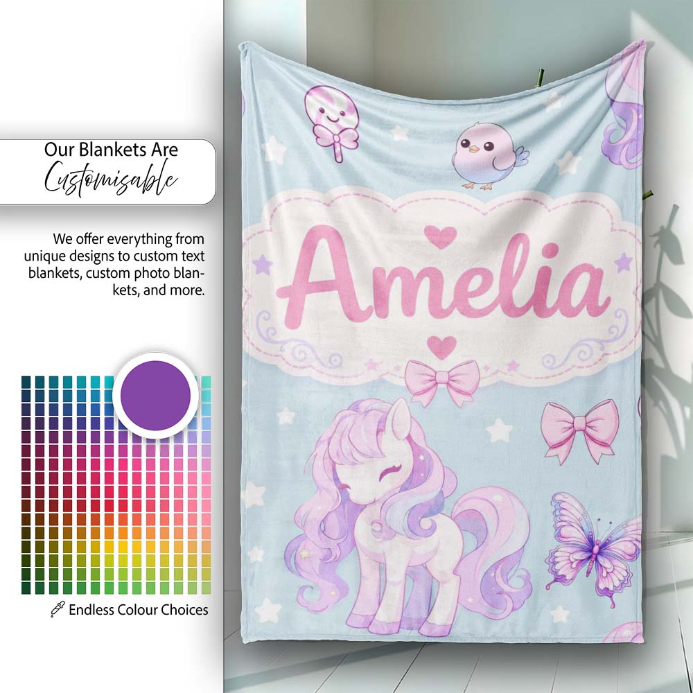Cute Pastel Unicorn Butterfly Candy Stars Blue Background Seamless  Personalised Custom Name Super Soft Fleece Blanket Bed Sofa Throw