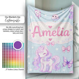 Cute Pastel Unicorn Butterfly Candy Stars Blue Background Seamless  Personalised Custom Name Super Soft Fleece Blanket Bed Sofa Throw