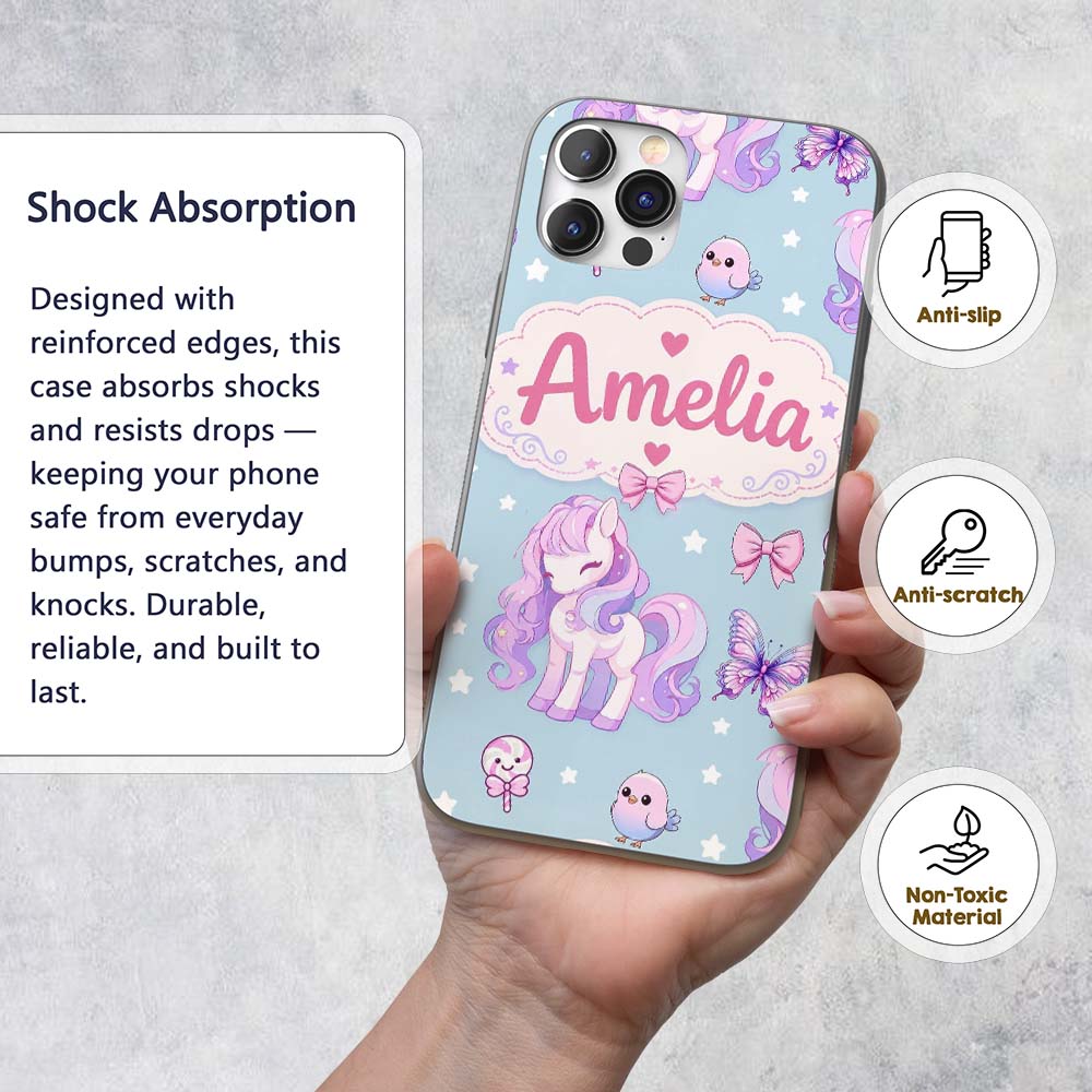 Cute Pastel Unicorn Butterfly Candy Stars Blue Custom Name Protective Phone Case Mobile Cover Durable Everyday Smartphone Shock Resistant