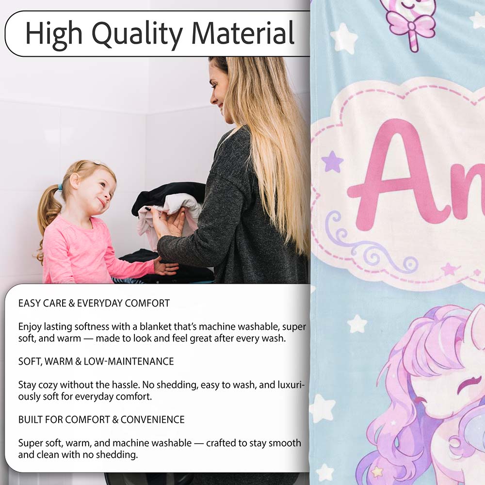 Cute Pastel Unicorn Butterfly Candy Stars Blue Background Seamless  Personalised Custom Name Super Soft Fleece Blanket Bed Sofa Throw