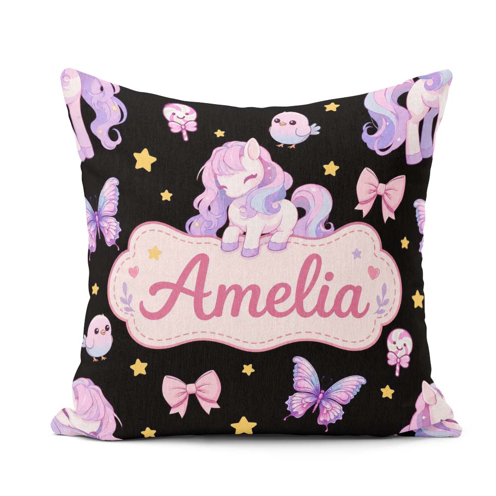 Custom Name Pastel Unicorn Candy Stars Black Background Seamless Square Filled Cushion Throw Pillow Sofa Bed Home Decor Zip Washable UK Made