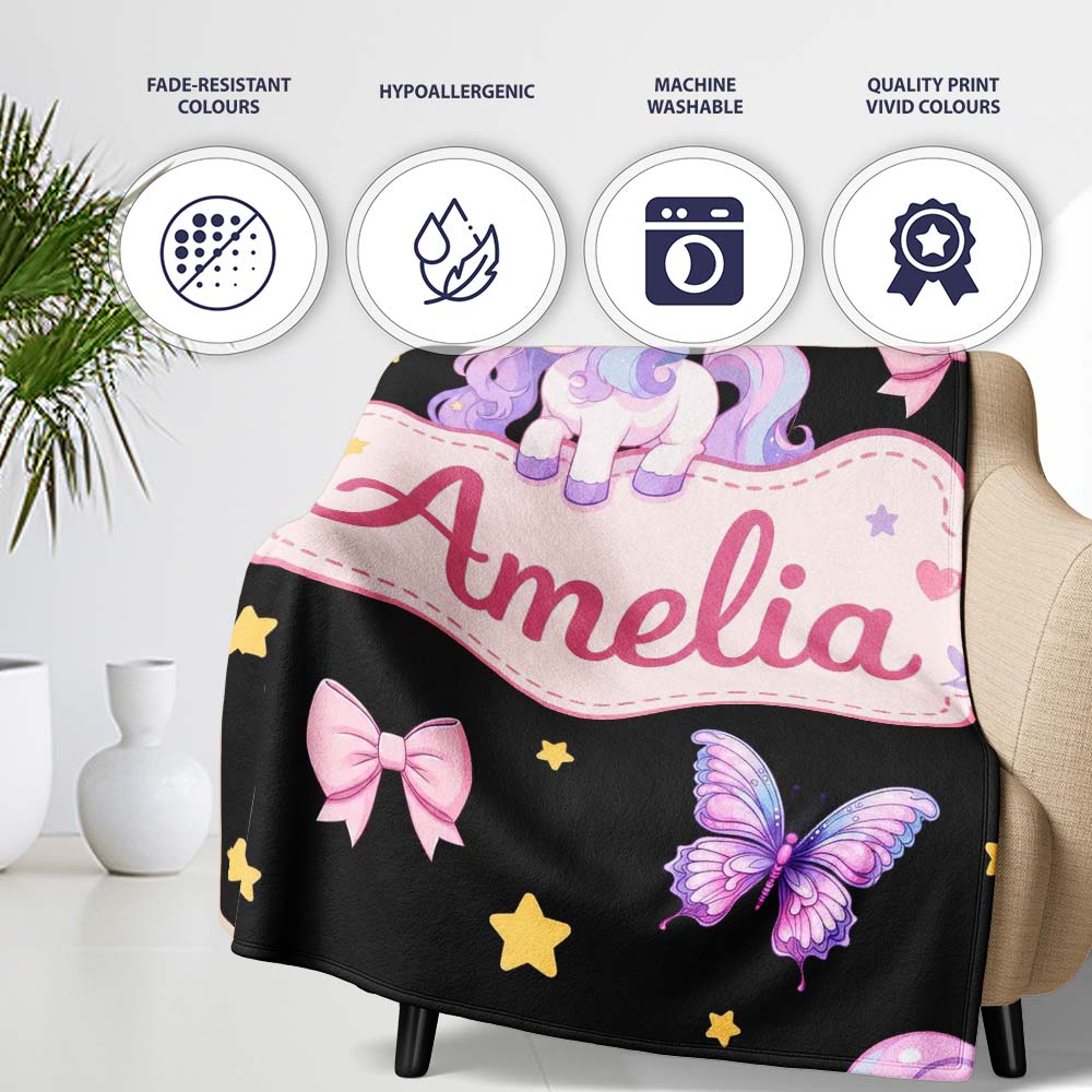 Cute Pastel Unicorn Butterfly Candy Stars Black Background Seamless  Personalised Custom Name Super Soft Fleece Blanket Bed Sofa Throw