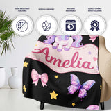 Cute Pastel Unicorn Butterfly Candy Stars Black Background Seamless  Personalised Custom Name Super Soft Fleece Blanket Bed Sofa Throw