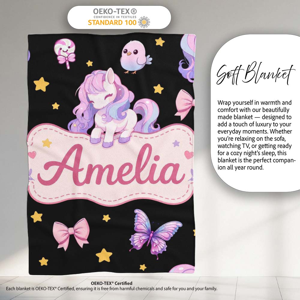 Cute Pastel Unicorn Butterfly Candy Stars Black Background Seamless  Personalised Custom Name Super Soft Fleece Blanket Bed Sofa Throw