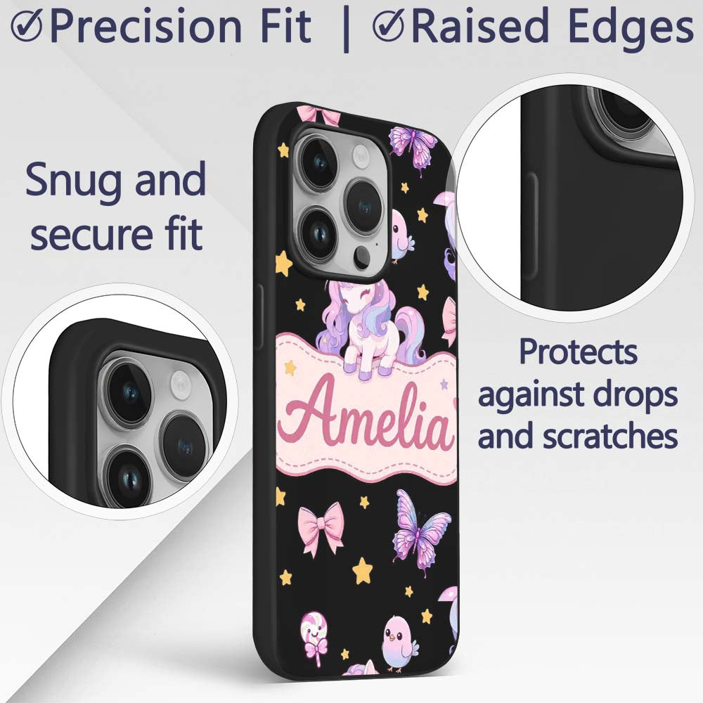Cute Pastel Unicorn Butterfly Candy Stars Black Custom Name Protective Phone Case Mobile Cover Durable Everyday Smartphone Shock Resistant