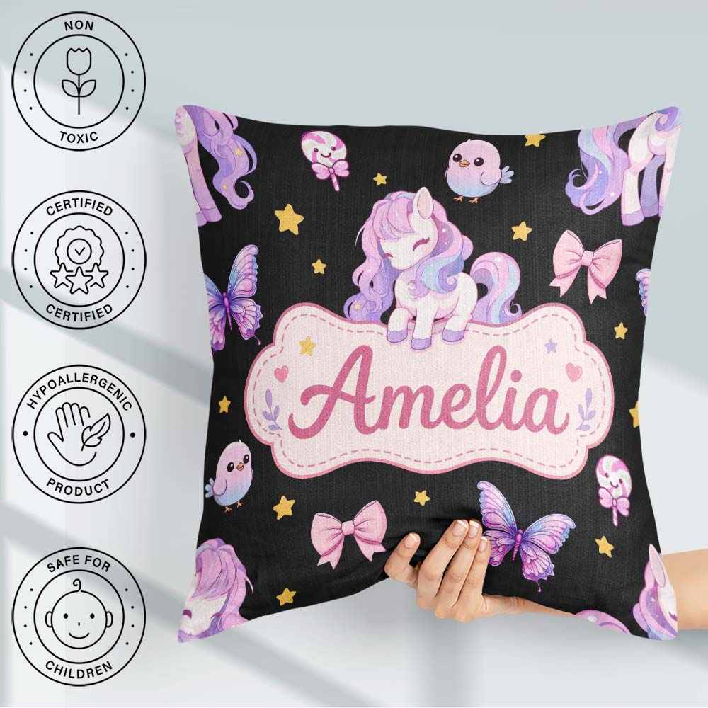 Custom Name Pastel Unicorn Candy Stars Black Background Seamless Square Filled Cushion Throw Pillow Sofa Bed Home Decor Zip Washable UK Made
