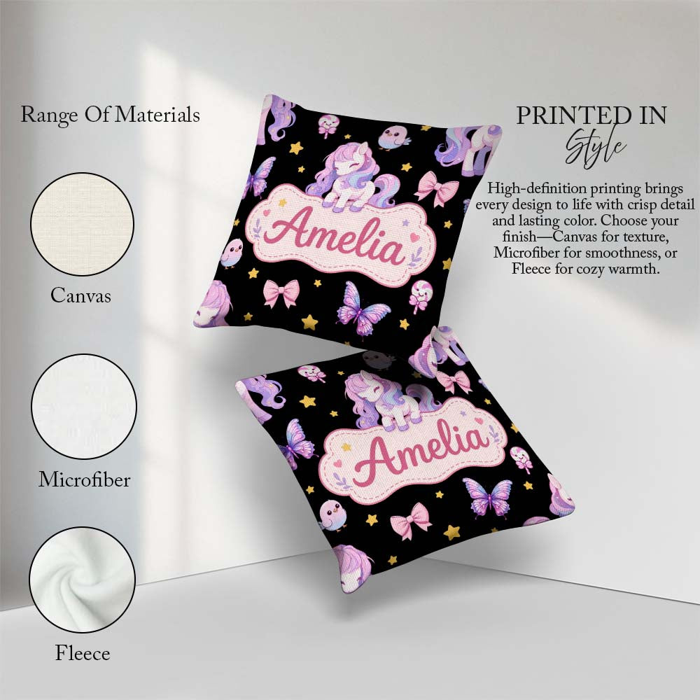 Custom Name Pastel Unicorn Candy Stars Black Background Seamless Square Filled Cushion Throw Pillow Sofa Bed Home Decor Zip Washable UK Made